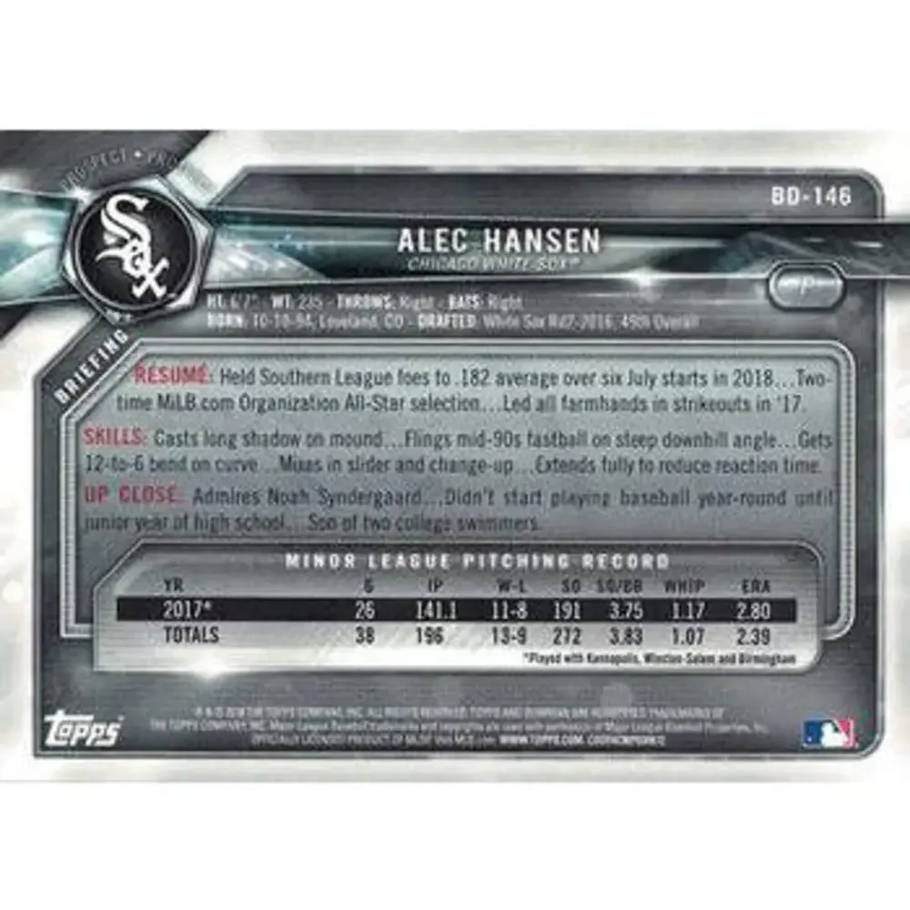 2018 Bowman Draft Alec Hansen BD-146 Chicago White Sox